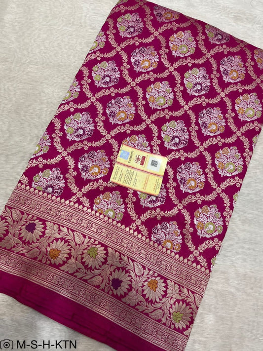 Rani pink Handwoven Pure Katan Meenakari Banarasi Saree