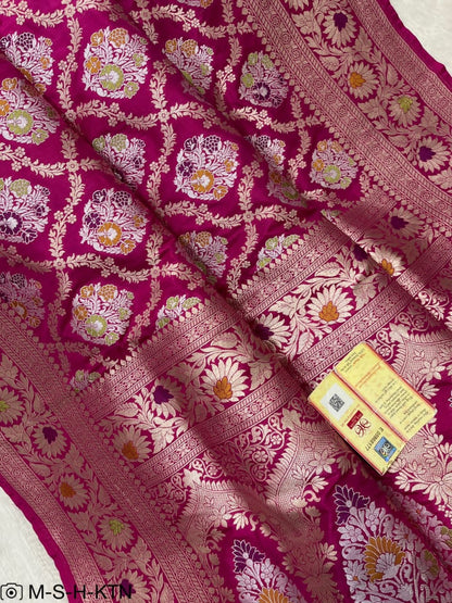 Rani pink Handwoven Pure Katan Meenakari Banarasi Saree