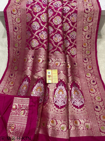 Rani pink Handwoven Pure Katan Meenakari Banarasi Saree