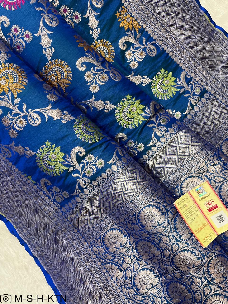 Blue Handwoven Pure Katan Meenakari Banarasi Saree