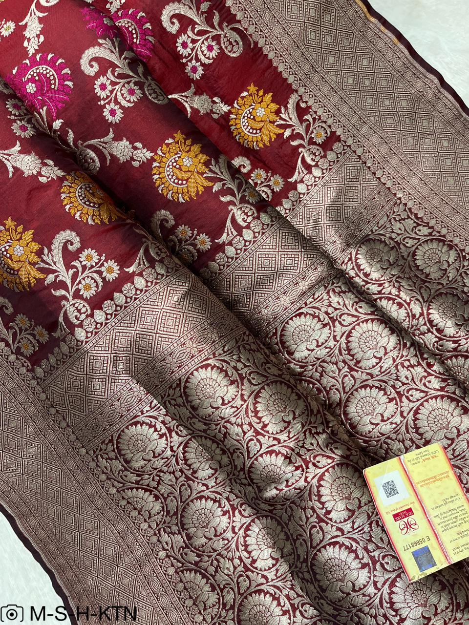 Maroon Handwoven Pure Katan Meenakari Banarasi Saree