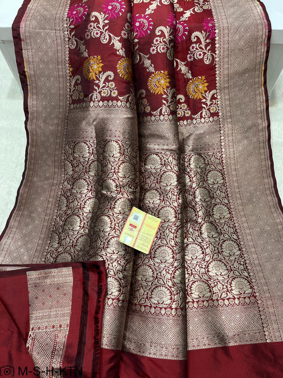 Maroon Handwoven Pure Katan Meenakari Banarasi Saree