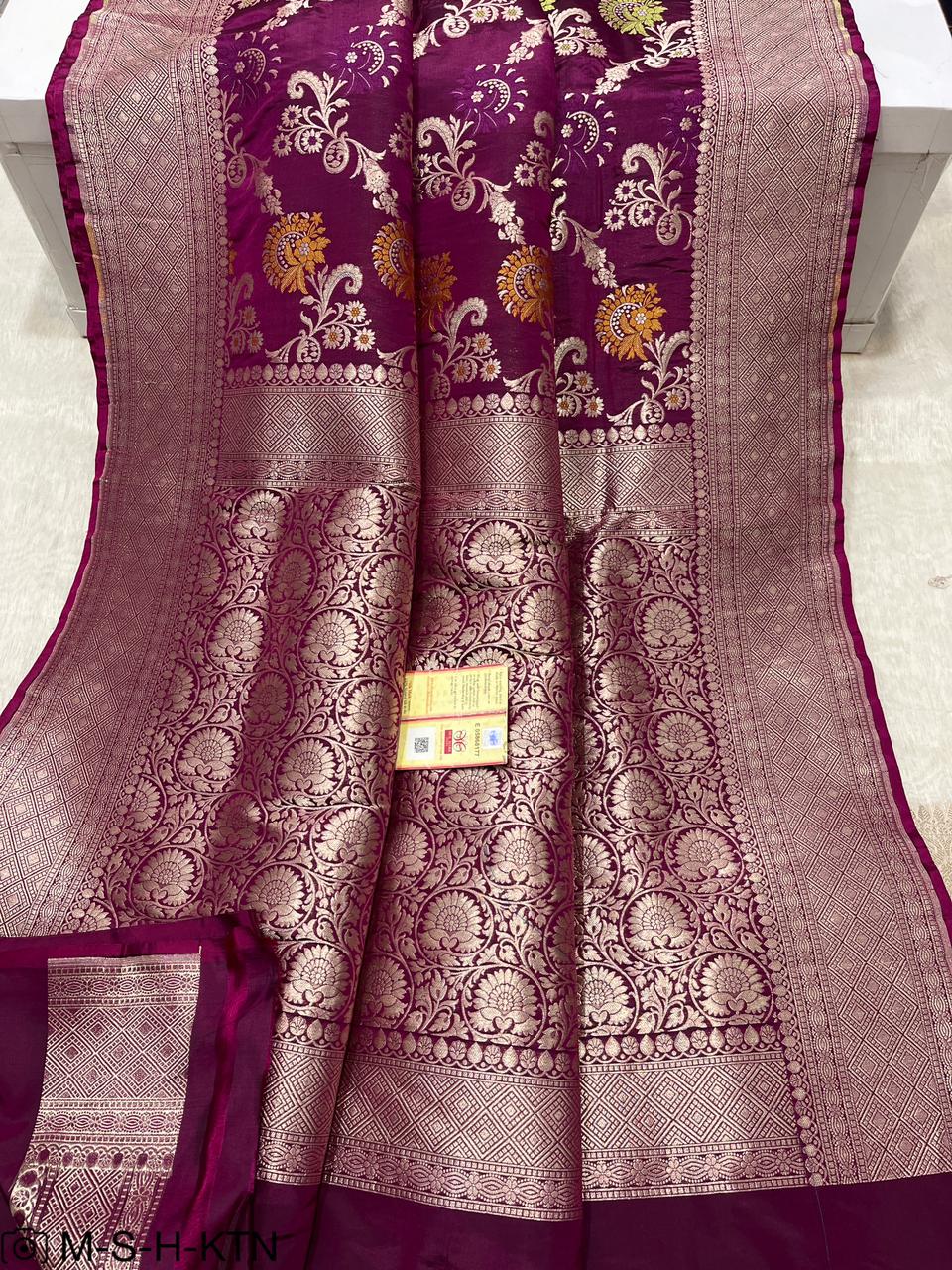 Purple Handwoven Pure Katan Meenakari Banarasi Saree