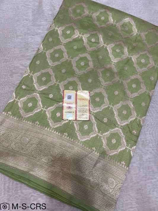 Pista Green Pure Handwoven Katan Cutwork Banarasi Saree