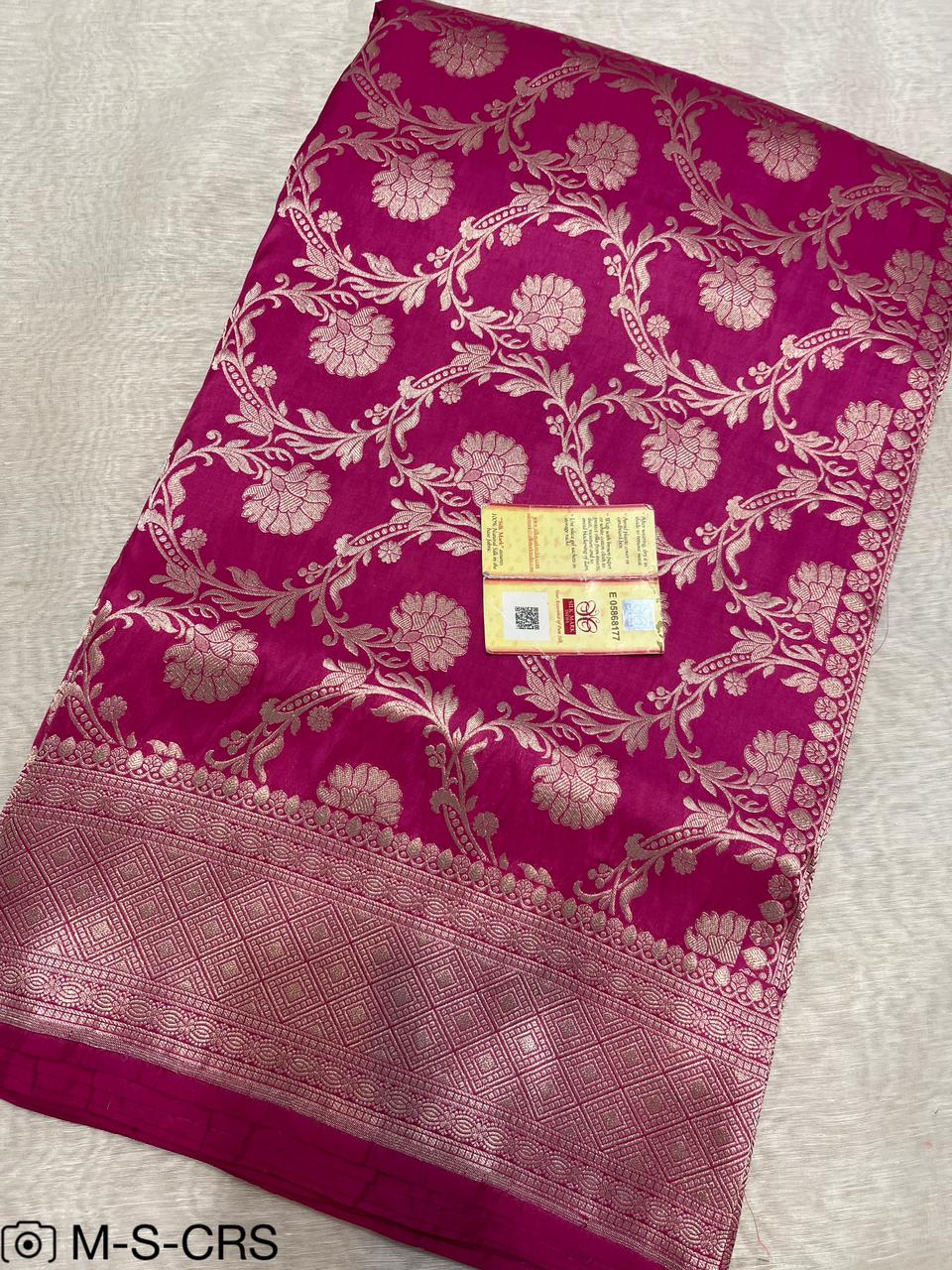 Rani Pink Pure Handloom Katan Cutwork Elegant Banarasi Saree