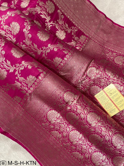 Rani Pink Pure Handloom Katan Cutwork Elegant Banarasi Saree