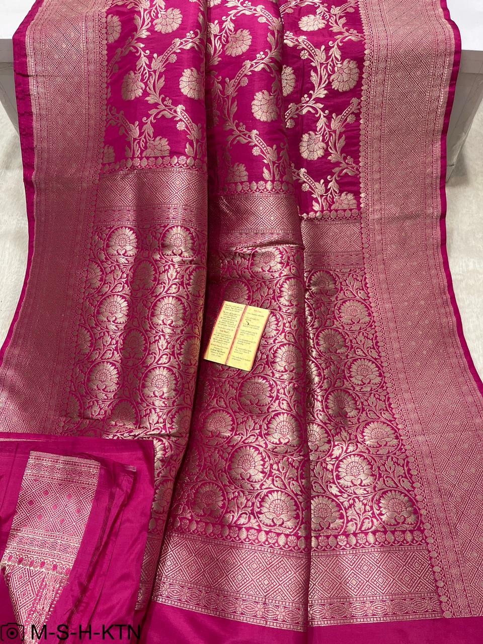 Rani Pink Pure Handloom Katan Cutwork Elegant Banarasi Saree