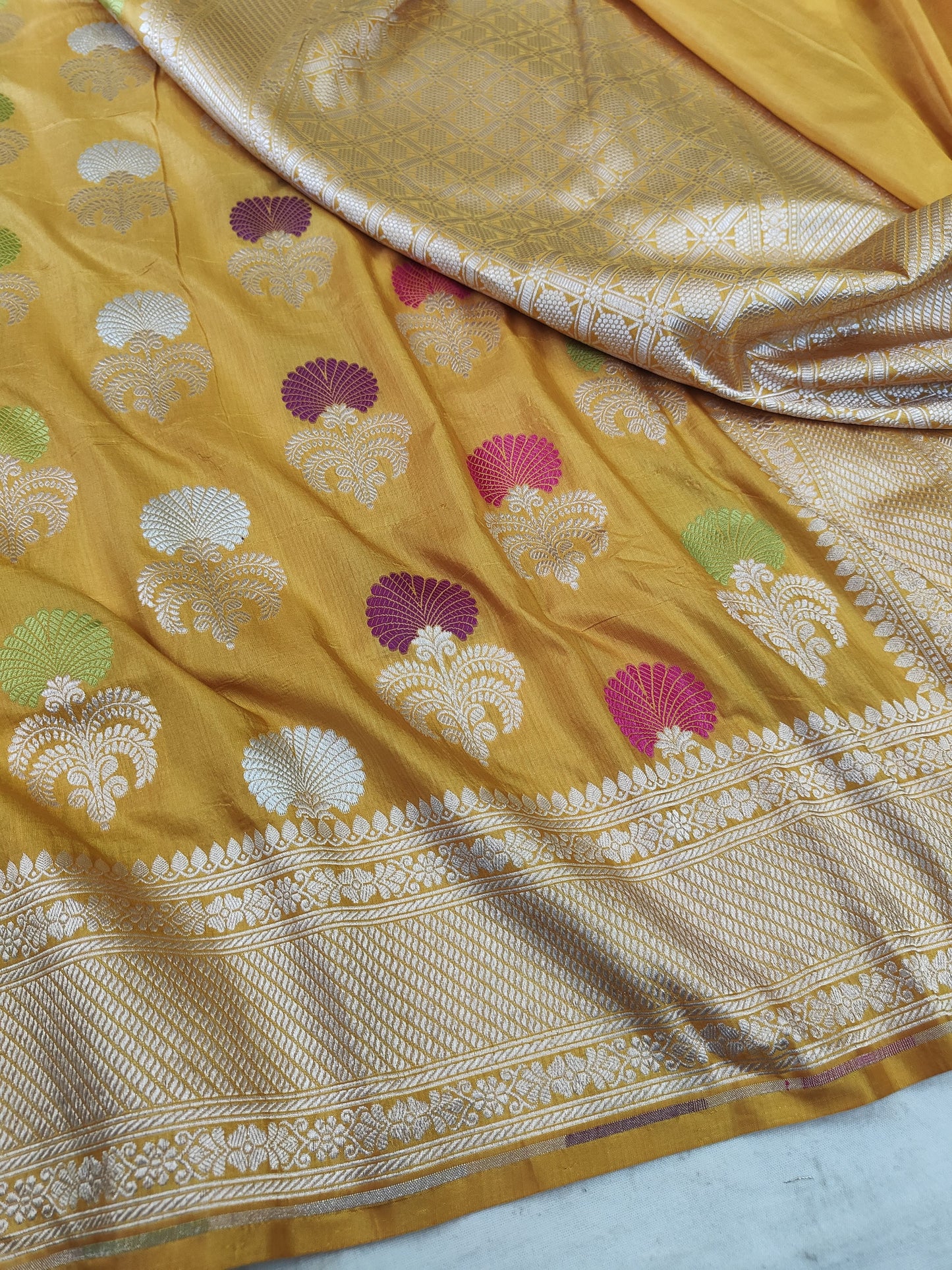 Haldi Ceremony Pure Katan Silk Handloom Meenakari Boota Saree