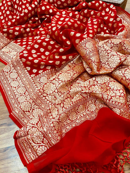 Pure Khaddi Georgette Red Banarasi Saree