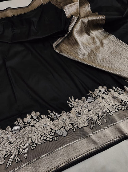 Black Pure Banarasi Handwoven Kadhua Katan Silk Saree