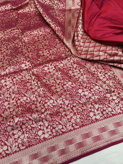 Deep Red Pure Handloom Katan Brocade Banarasi Saree