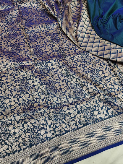 Dual Shade Blue Pure Handloom Katan Brocade Banarasi Saree