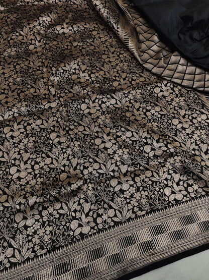 Black Pure Handloom Katan Brocade Banarasi Saree