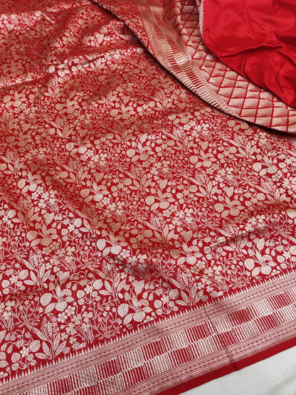 Red Pure Handloom Katan Brocade Banarasi Saree