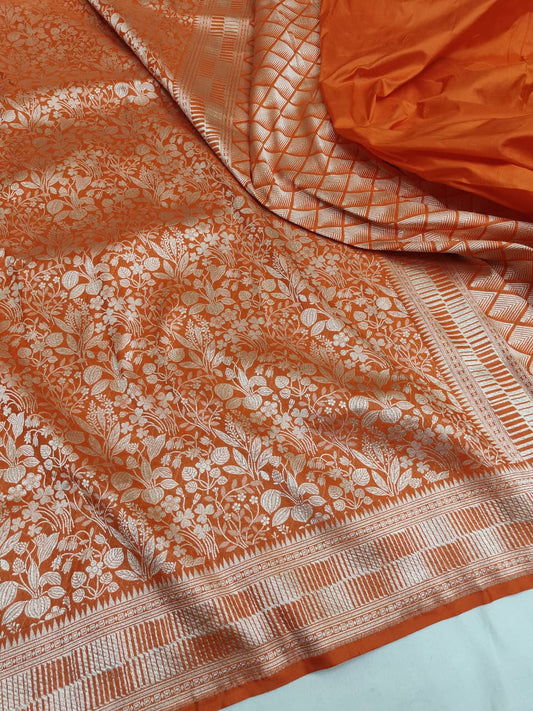 Orange Pure Handloom Katan Brocade Banarasi Saree
