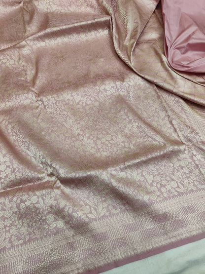 Baby Pink Pure Handloom Katan Brocade Banarasi Saree
