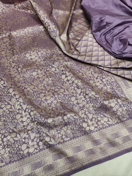 Lavender Pure Handloom Katan Brocade Banarasi Saree