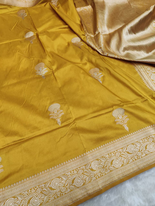 Yellow Pure Katan Silk Kadhua Sona Rupa Boota Saree