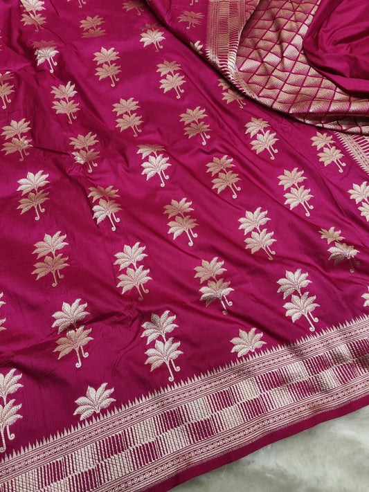 Rani Pink Pure Katan Silk Boota Saree