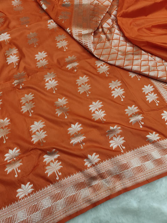 Orange Pure Katan Silk Boota Saree
