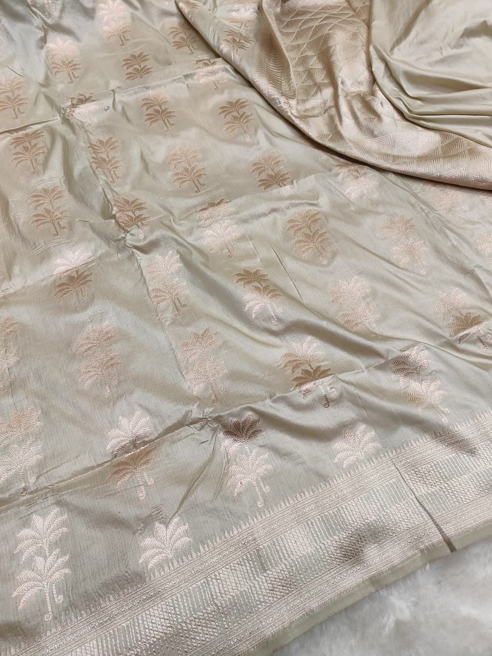 Beige Pure Katan Silk Boota Saree