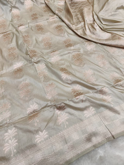 Beige Pure Katan Silk Boota Saree