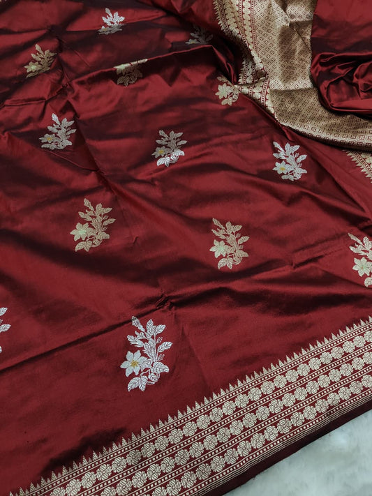 Rust Handwoven Vintage Pure Banarasi Silk Boota Saree