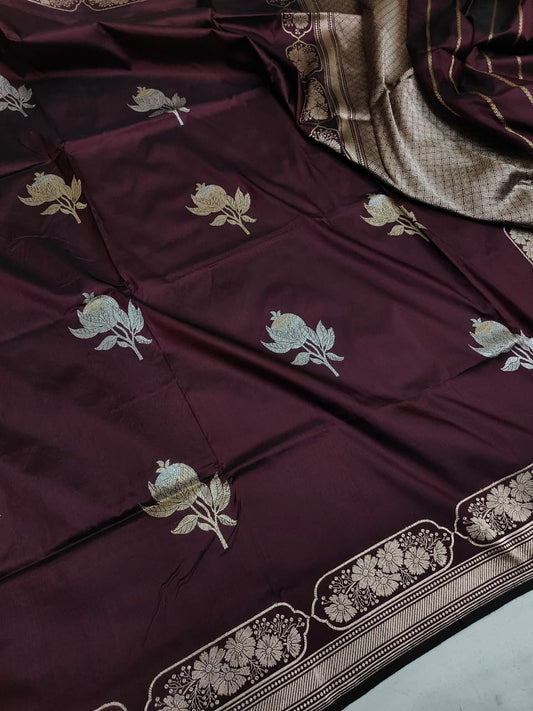 Garnet Handwoven Vintage Pure Banarasi Silk Boota Saree