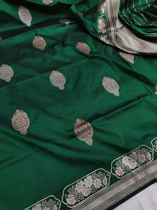 Bottle Green Handwoven Vintage Pure Banarasi Silk Boota Saree
