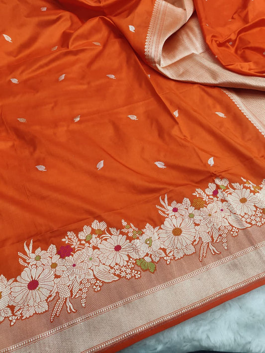 Orange Handwoven Vintage Pure Banarasi Silk Boota Saree
