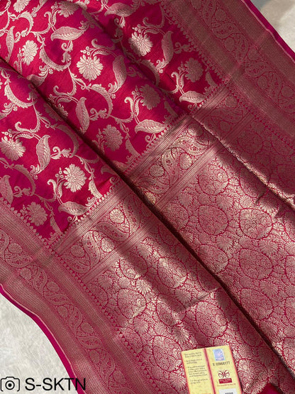 Pure Handloom Katan Cutwork Banarasi Rani Saree