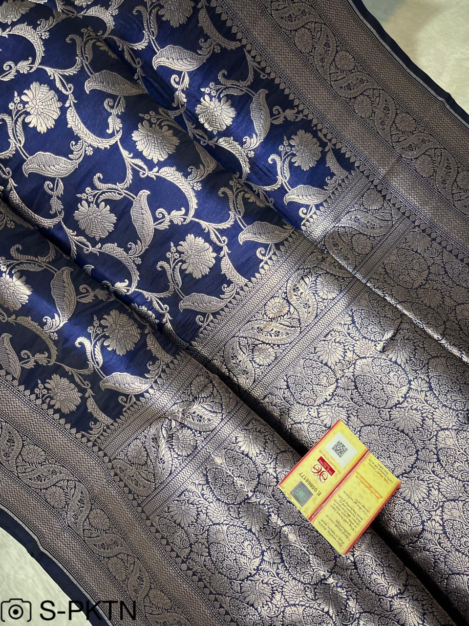 Pure Handloom Katan Cutwork Royal Blue Banarasi Saree