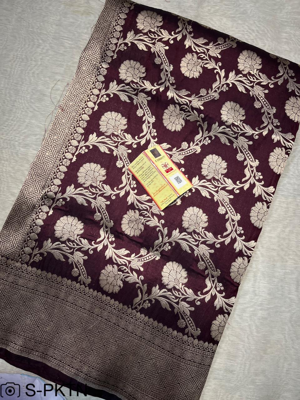 Pure Handloom Katan Cutwork Garnet Banarasi Saree