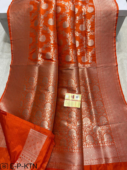 Pure Handloom Katan Cutwork Orange Banarasi Saree