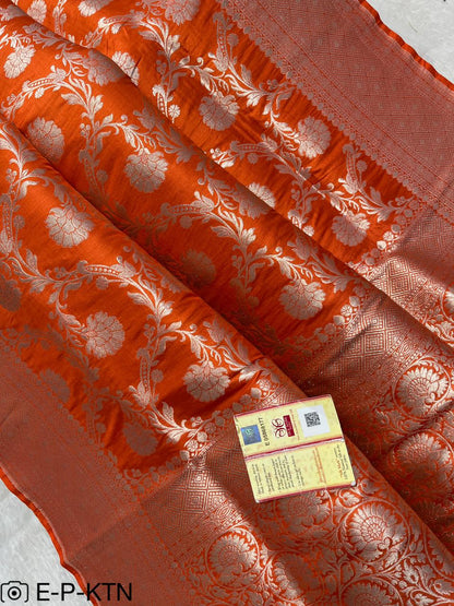 Pure Handloom Katan Cutwork Orange Banarasi Saree