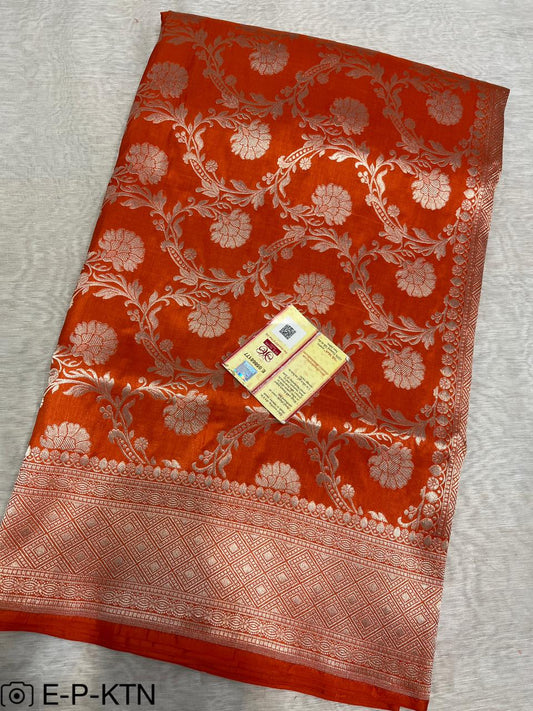 Pure Handloom Katan Cutwork Orange Banarasi Saree