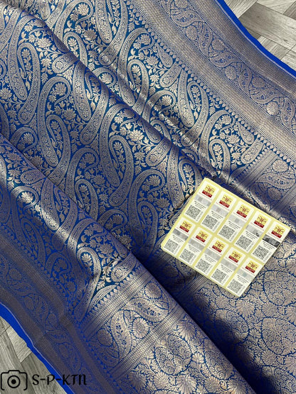 Pure Handloom Katan Brocade Blue Banarasi Saree