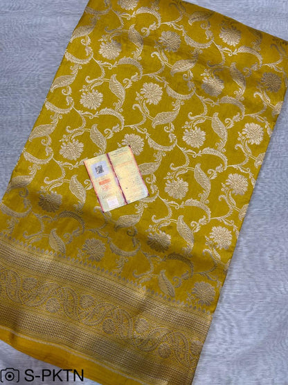 Pure Handloom Katan Cutwork Banarasi Mustard Yellow Saree