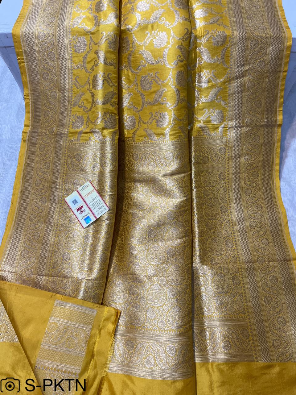 Pure Handloom Katan Cutwork Banarasi Mustard Yellow Saree