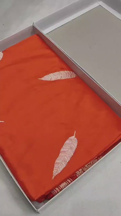 Orange Pure Banarasi Handwoven Kadhua Katan Silk Saree