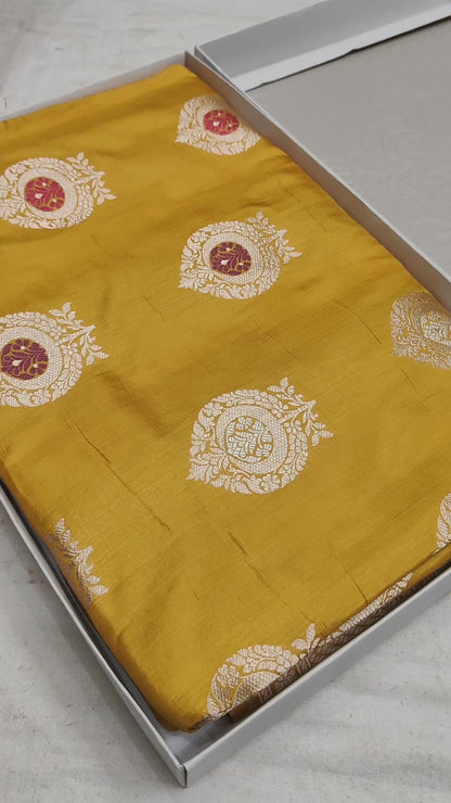 Haldi Ceremony Pure Katan Silk Handloom Meenakari Boota Saree