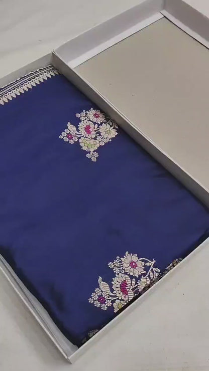 Navy Blue Pure Banarasi Handwoven Kadhua Katan Silk Saree