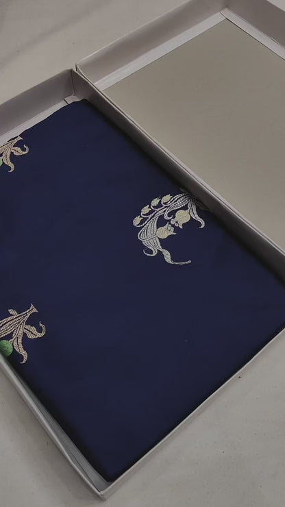 Navy Blue Handwoven Vintage Pure Banarasi Silk Saree