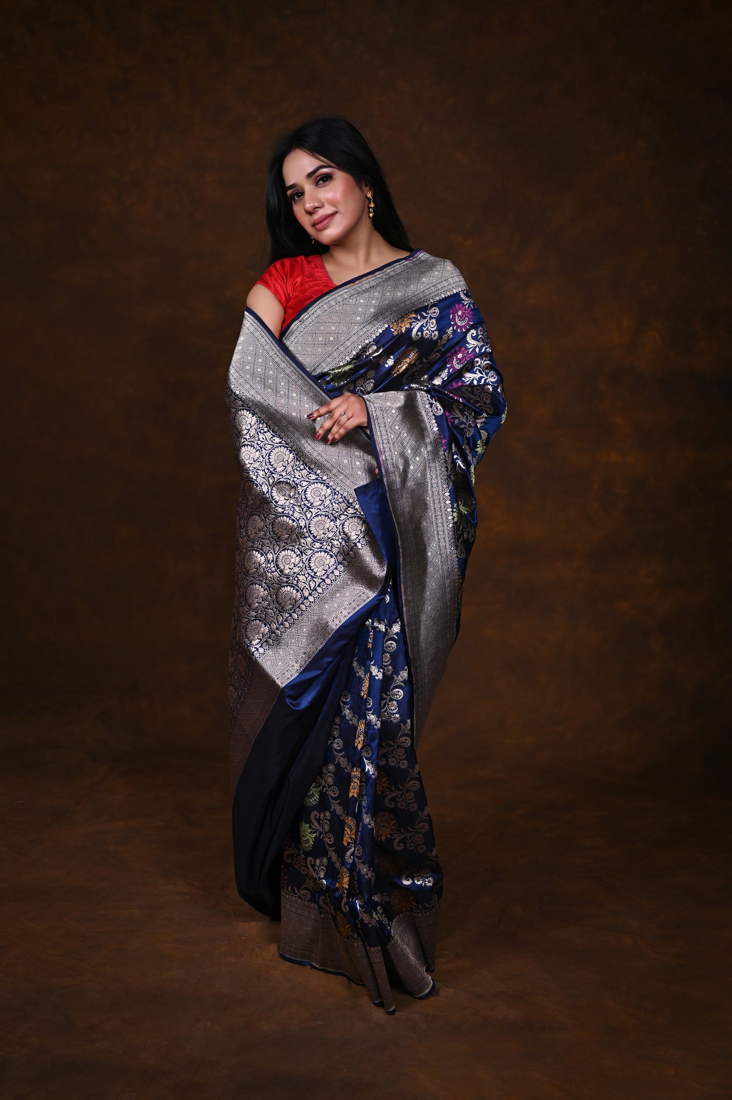 Navy Blue Handwoven Pure Katan Meenakari Banarasi Saree