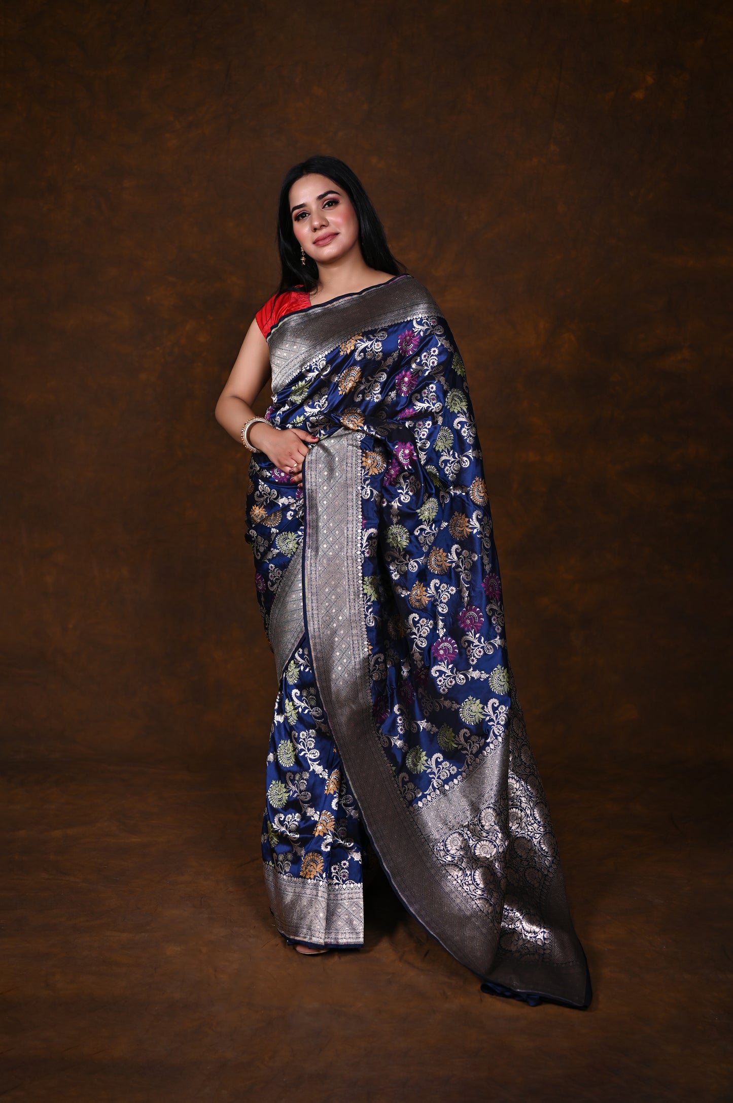 Navy Blue Handwoven Pure Katan Meenakari Banarasi Saree