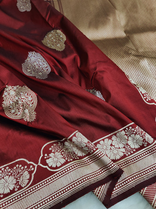 Maroon Pure Banarasi Handwoven Kadhua Katan Silk Saree
