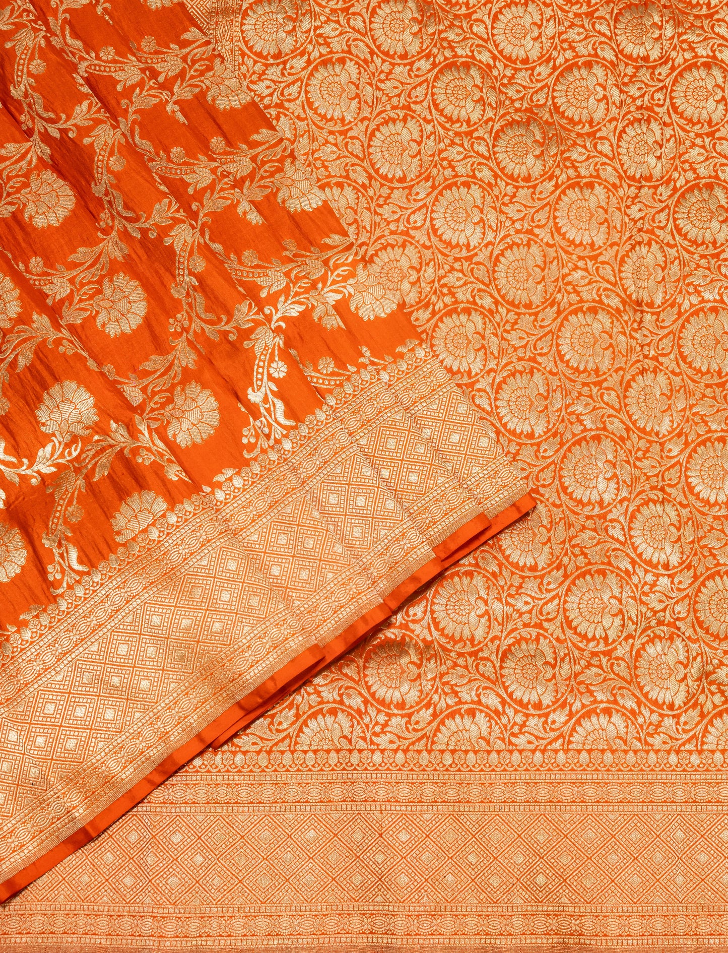 Orange Jaal Handwoven Pure Katan Sona Roopa  Banarasi Saree