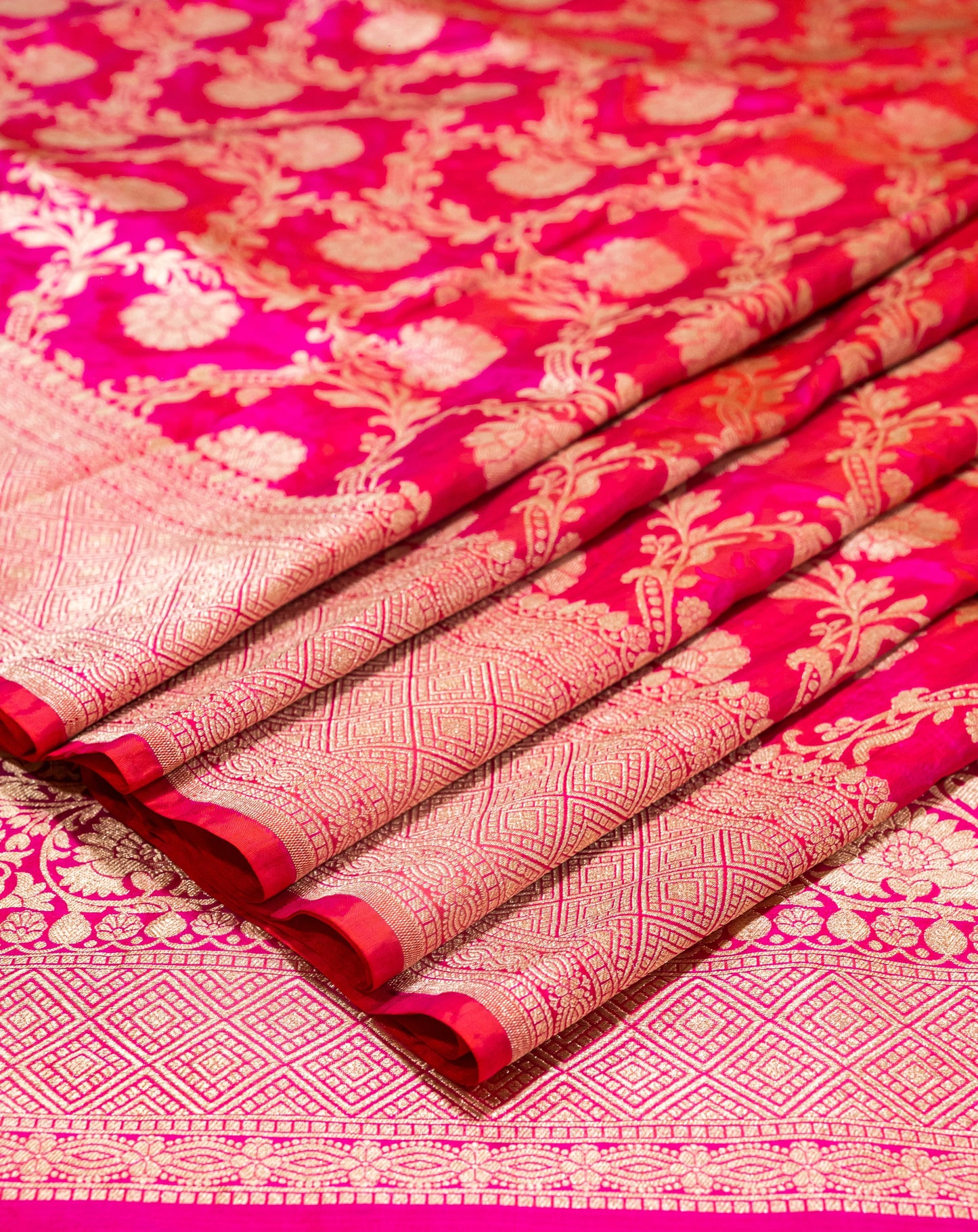 Rani Pink Jaal Handwoven Pure Katan Silk Banarasi Saree