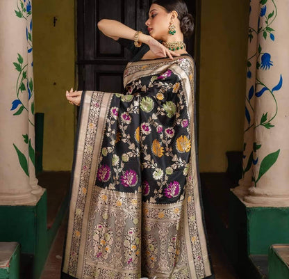 Black Handwoven Pure Katan Multi Meenakari Banarasi Saree