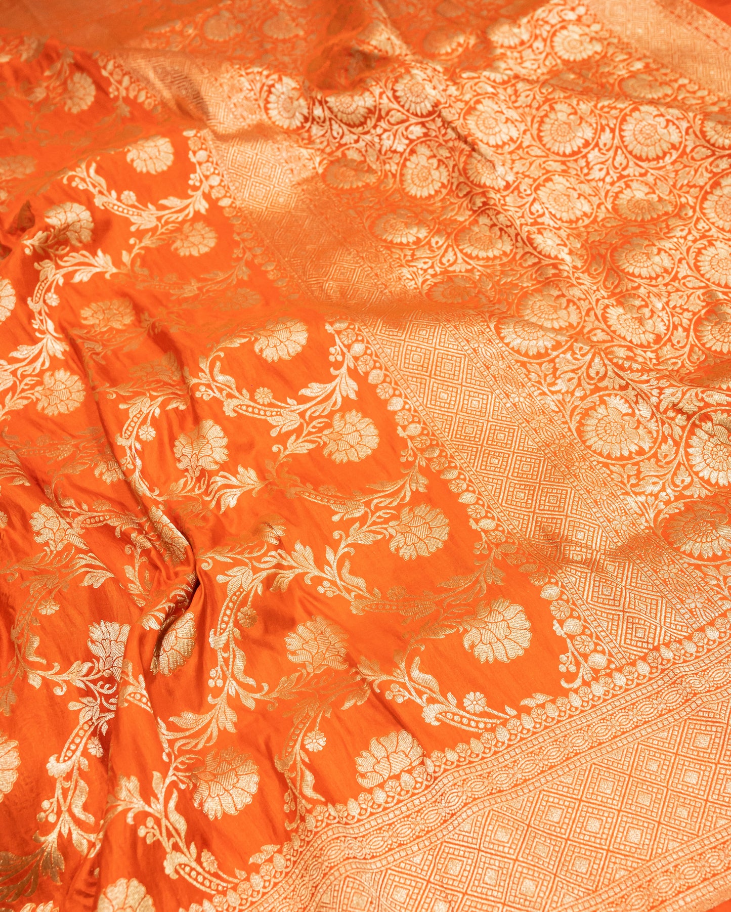 Orange Jaal Handwoven Pure Katan Sona Roopa  Banarasi Saree